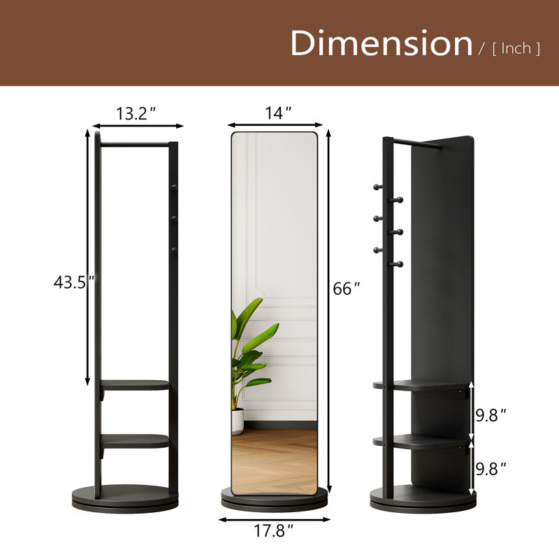 Miroir pivotant 360 ° pivotant sur 66 po x 14 po Pleine longueur avec miroir et support de rangement Portemanteau, Noir