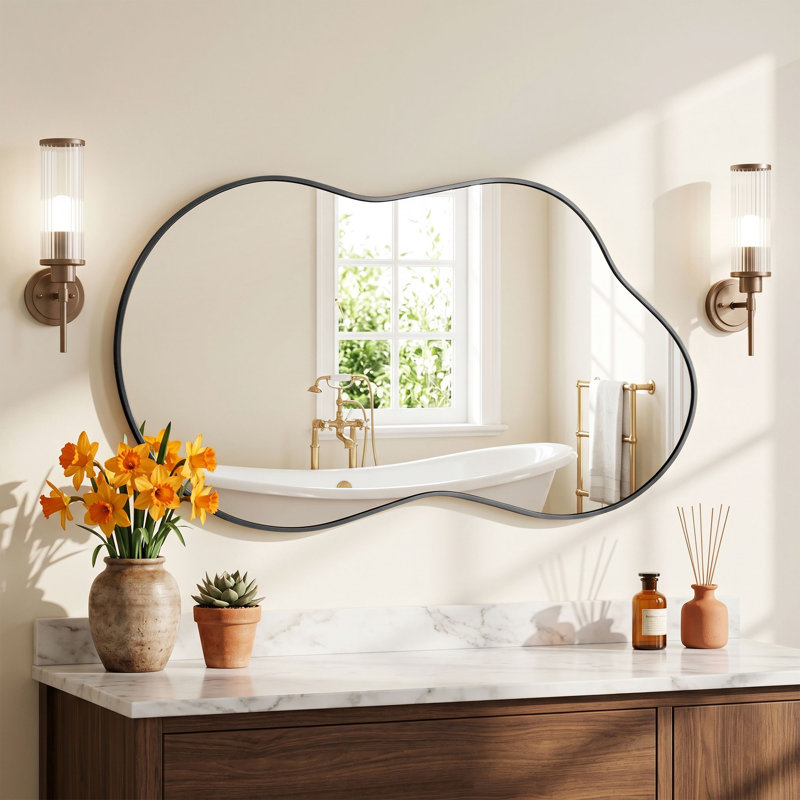 Irregular Tempered Glass And Aluminum Alloy Framed Wall Mirror, 46" x 26", Black
