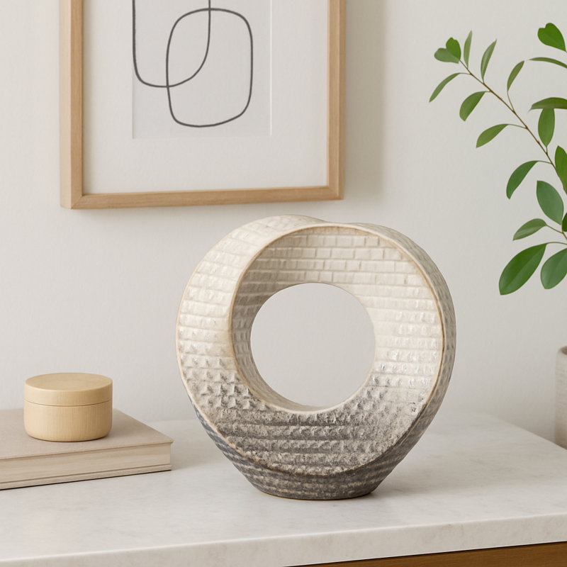 Elysia Ceramic Abstract Decorative Object, 8" H x 8" W x 3" D, Ivory/Beige