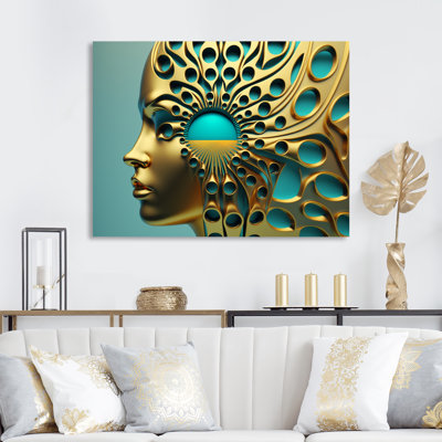 Hanzlah visionnaire or et turquoise déesse III - femme moderne mural en métal - MT81975
