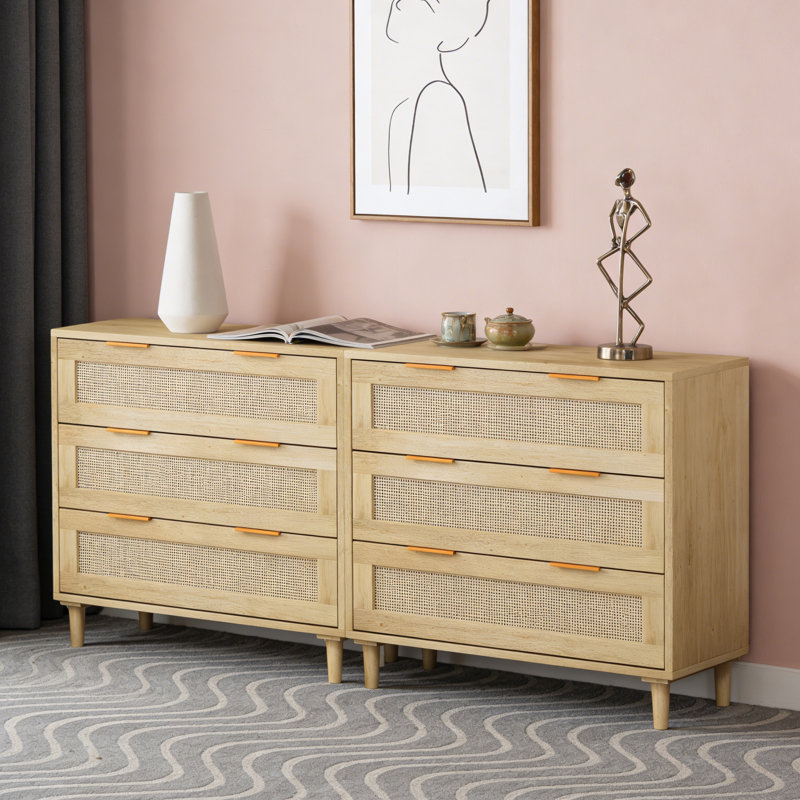 31.5" Rattan Storage Cabinet With 3 Drawers, Wooden Accent Cabinet Set Of 2