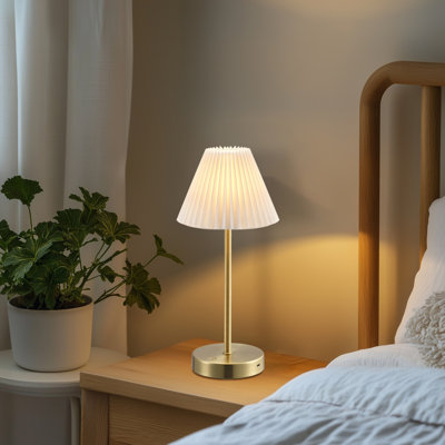 14" Rechargeable LED Integrated Table Lamp, Matte Brass, Rechargeable, Pleated Fabric Shade, USB-C Charging Cable Included, 3-Step Push Button Dimmer Switch, 1..8 Watt, 150 Lumens, 3000 Kelvin