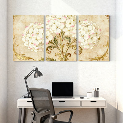 Ensemble de 3 tableaux muraux vintage sur toile tendue, motif hortensias.