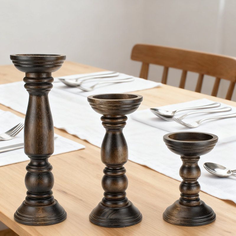Farmhouse Wooden Candle Holders Set Of 3, Rustic Table Centerpiece Decor For Pillar And Flameless Candles, Vintage Tall Candle Stand