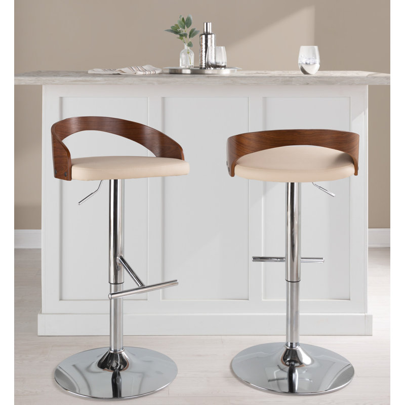 Walnut and Chrome Adjustable Swivel Barstools with Beige Upholstery
