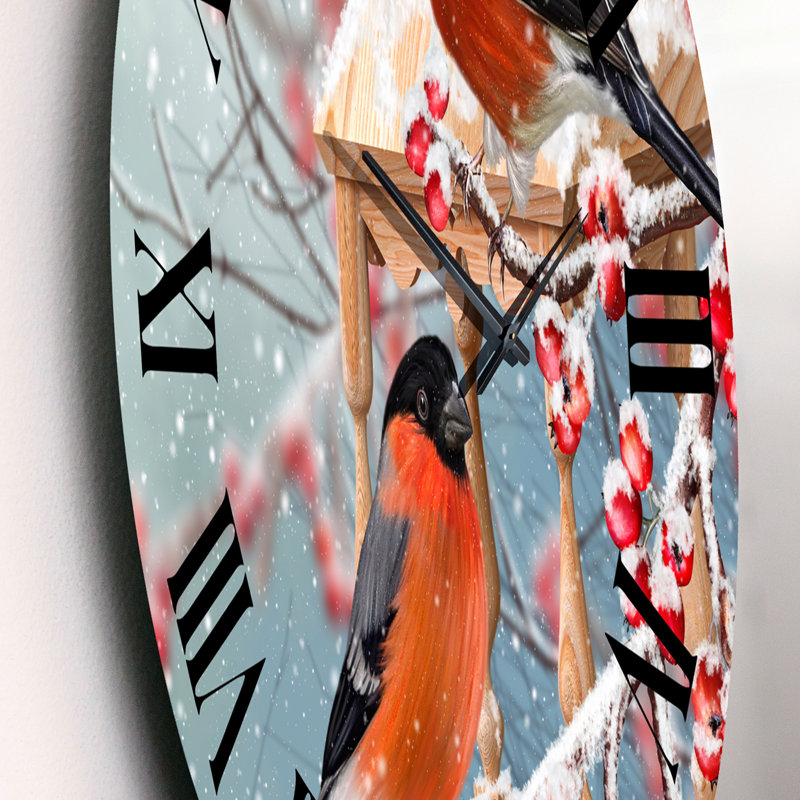Deux tits assis sur une branche enneigée - horloge murale traditionnelle, Moyenne