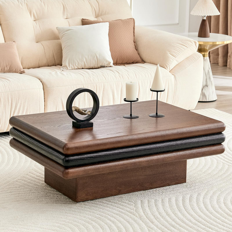 Table basse empilable à 3 niveaux avec placage en bois véritable, centre de table rectangulaire moderne avec bords arrondis pour le salon