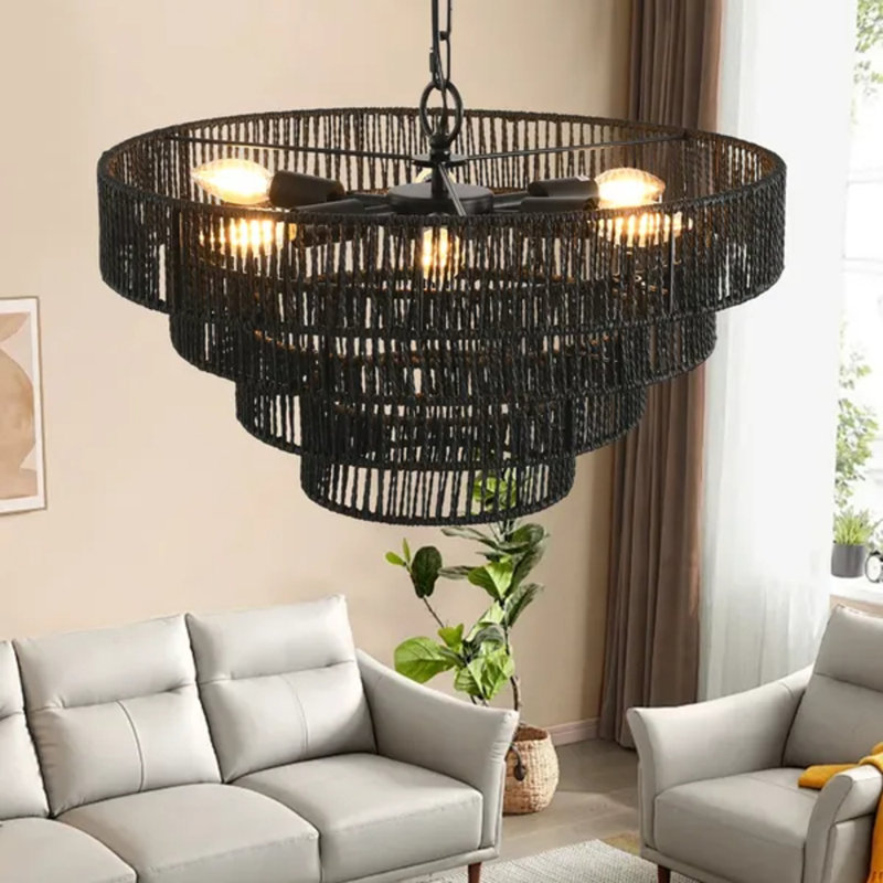 20" Rustic 4-tier Hemp Rope Pendant Light, 6-light E12 Boho Chandelier Black Metal Frame Handmade Ceiling Light For Dining Room Kitchen Foyer (bulbs Not Included)