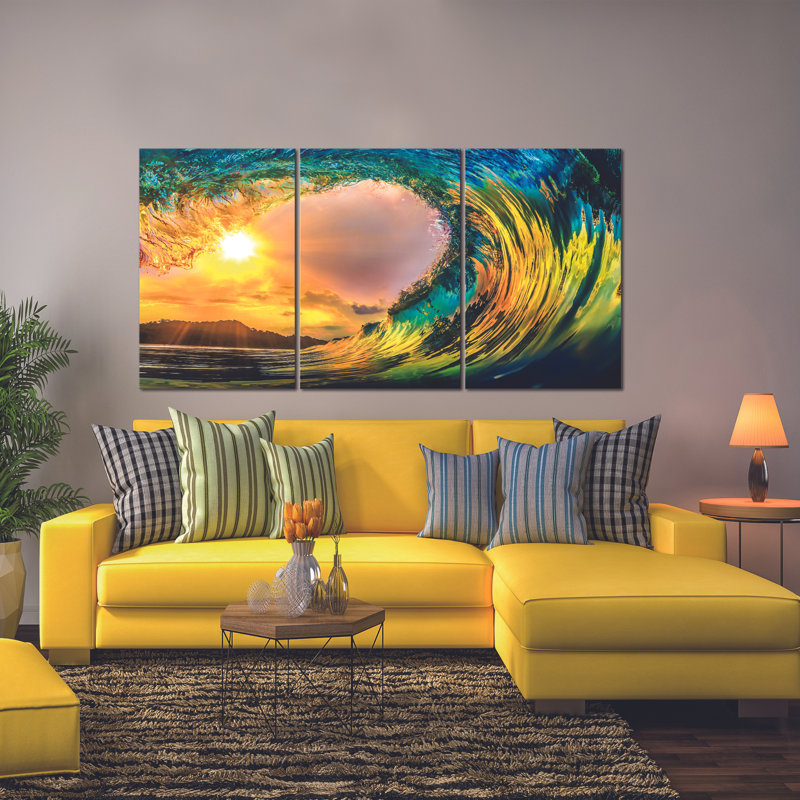 98" Yellow and Blue Wave 3 Piece Wall Decor Set