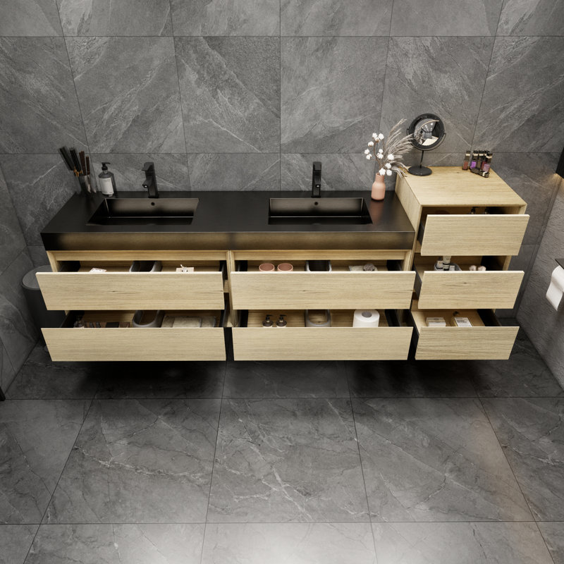 Meuble-lavabo double mural 78,5 po avec plateau en métal Kayleena, Chêne et teck