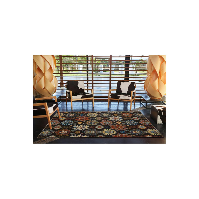 Tapis décoratif foncé à motif frangé et à motif de figurines de style brun foncé lavable à la machine