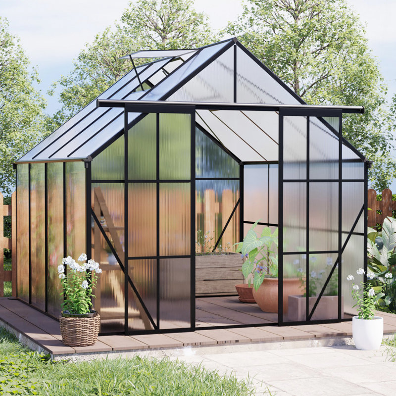 8x8 FT Double Door Polycarbonate Greenhouse, 7.8' W x 6.1' D, Black