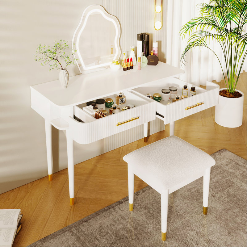 40" Modern Vanity Table Set With Mirror Touch Screen Lighted Mirror, Dressing Table And Cushioned Stool Set With 2 Large Drawers, White