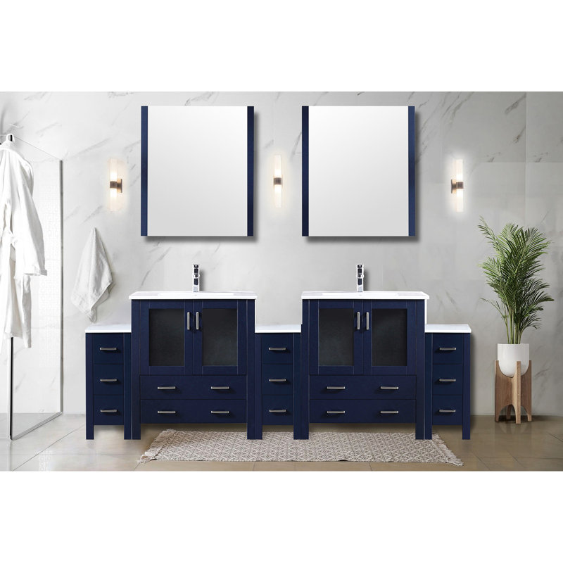 Meuble-lavabo double bleu marine, 96 po L, robinet, 28 miroirs, comptoir en céramique, meuble-lavabo large bleu pratique avec armoires latérales, robinet, miroirs et comptoir - Teinture