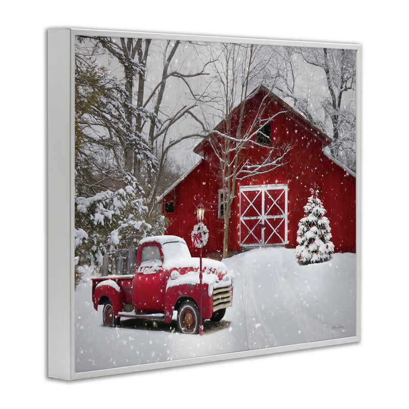 Rouge, grange et camion, neige poudreuse, paysage champêtre blanc, estampe numérique de Lori Deiter