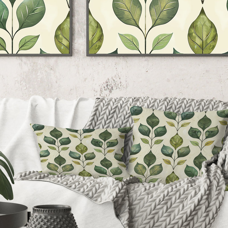 Coussin lombaire vert beige à motif de feuilles de treillis II