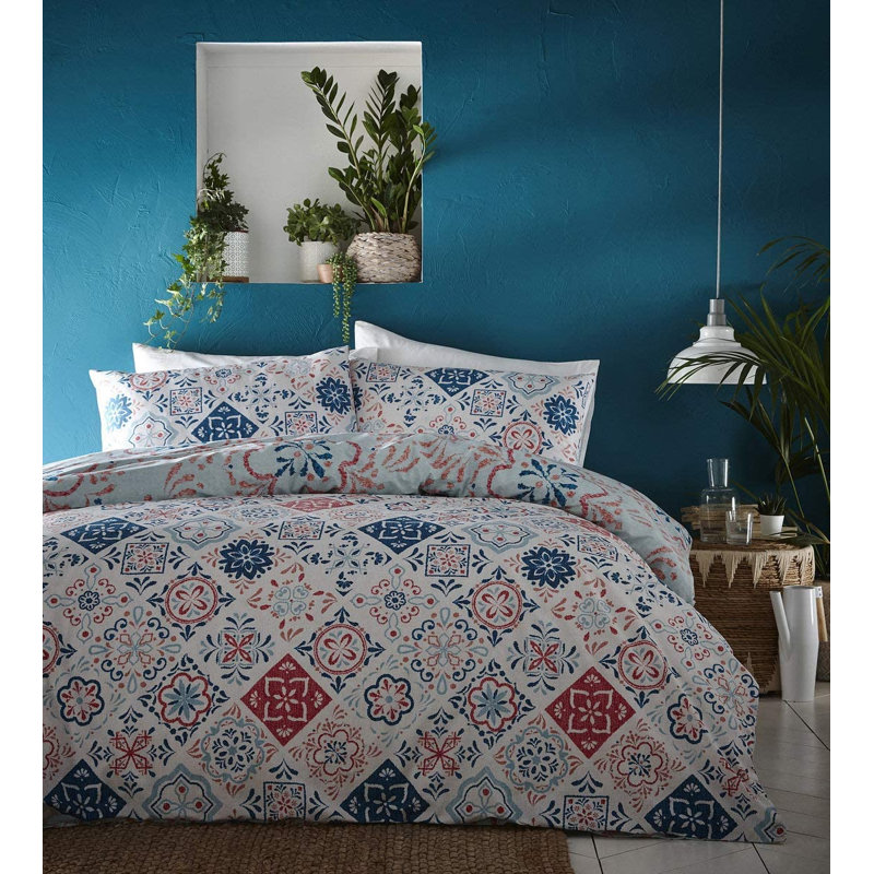 Pink/Blue 56 TC Reversible Duvet Cover Set, 135 x 200cm Duvet Cover + 1 Standard Pillowcase, Teal/Orange/White