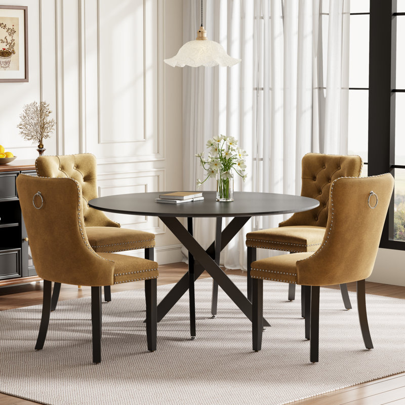 Round Wood Dining Set with Tufted Dining Chair, Black, Yellow