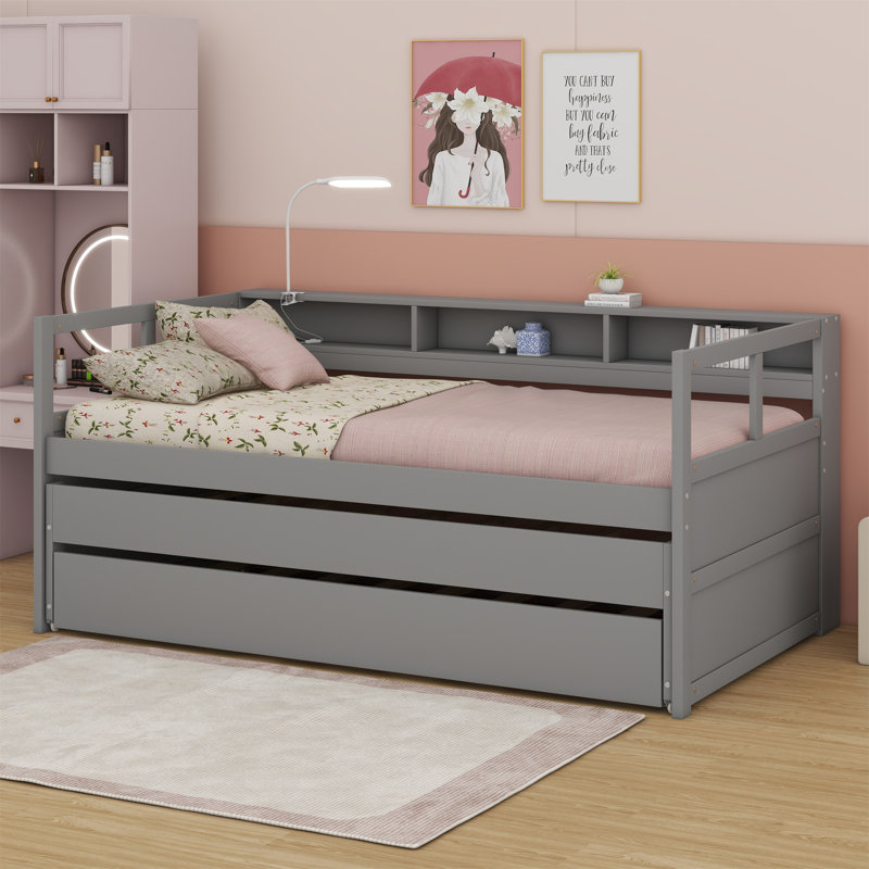 Lit de jour avec 2 lits gigognes, tablettes de rangement, 1 lumière gratuite et conception de chargement USB, Gris