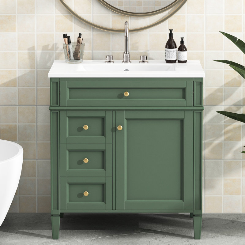 Meuble-lavabo de 30 po avec lavabo supérieur Wincott, 2 tiroirs, 1 tiroir coulissant, fonctions de rangement variées, pieds romains exquis, 3 portes d'armoire en céramique faciles à assembler, tiroir en métal lisse