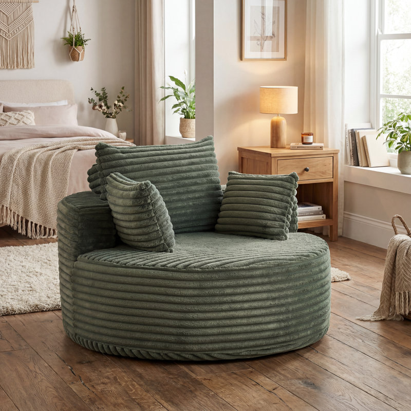 55“ Wide Compression Modern Round Corduroy Barrel Chair With Channel Tufting, Green