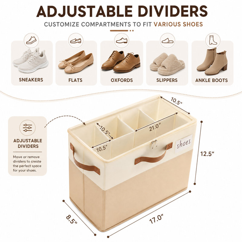 Petit bac de rangement pour chaussures en tissu pour placard, séparateurs réglables et couvercle transparent, contenant peu encombrant pour sandales espadrilles, vestibule ou casier