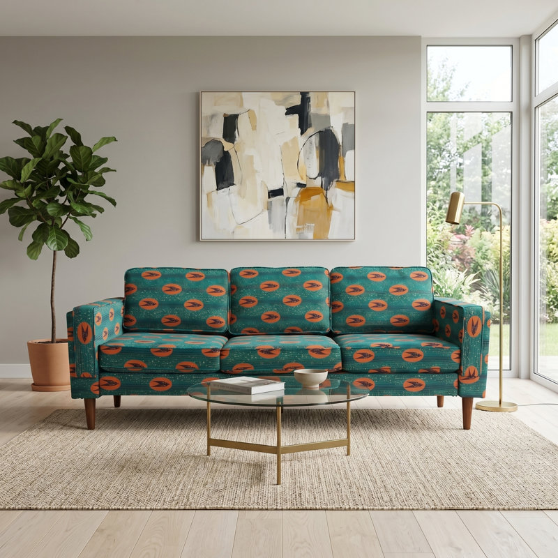 Green Patterned Upholstered Sofa With Solid Wood Frame And Natural Wood Legs(3-Seater)