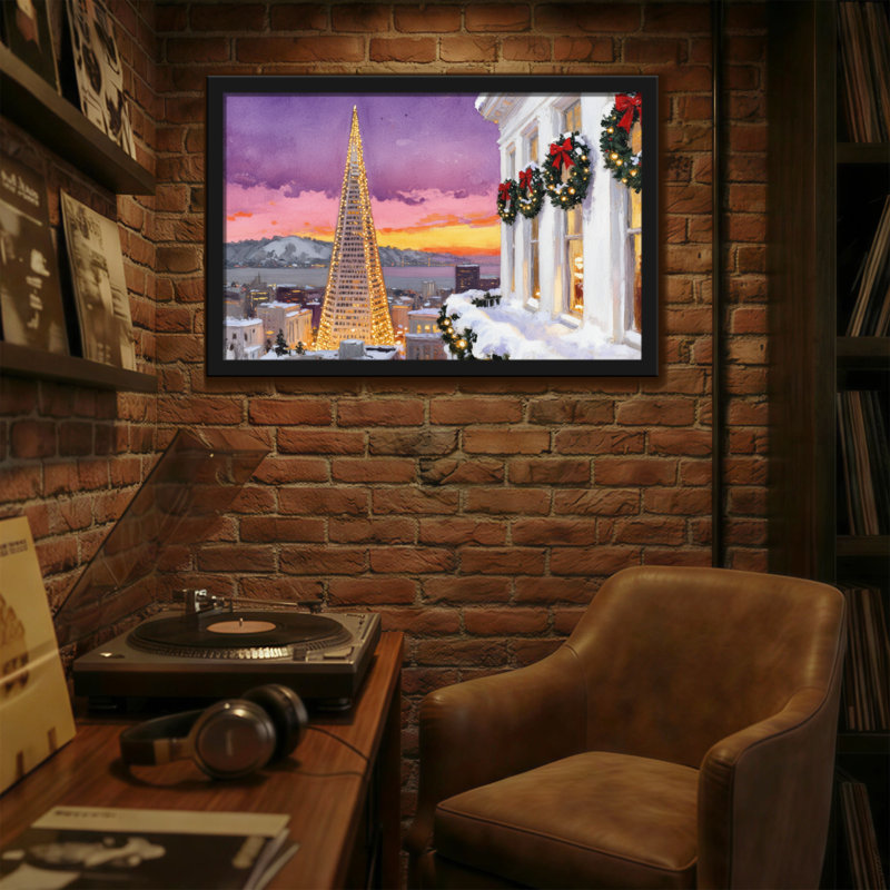 Paysage de Noël avec tour éclairée et fenêtres décorées, H 24 po x l 36 po