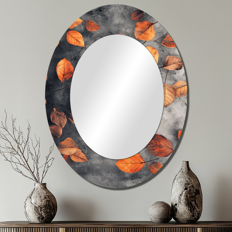 Orange Autumn Leaves I - Tropical Oval Wall Mirror, 40" x 30"