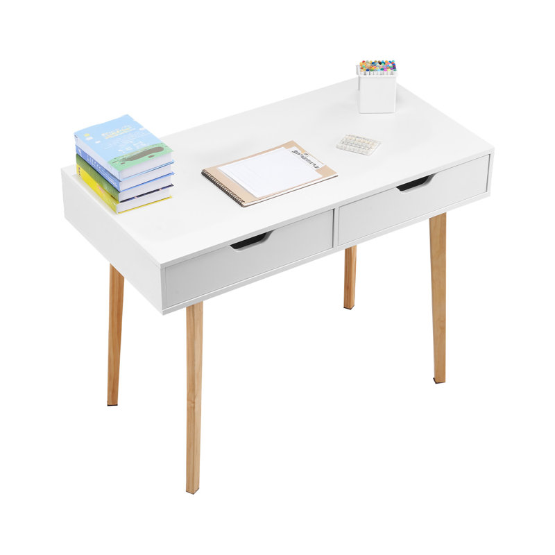 Petit bureau avec tiroirs, bureau pour enfants pour la chambre à coucher, table d'étude simple en bois pour le dessin, la lecture, l'écriture, table de rangement rectangulaire en MDF pour la maison, le bureau, blanc et bois