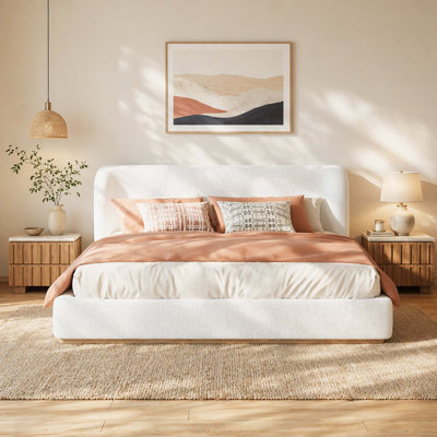Boucle Fabric Upholstered Queen Low Profile Platform Bed Frame, Rounded Curved Padded Headboard Bed with Full Even-Spaced Solid Wood Slat Mattress Support