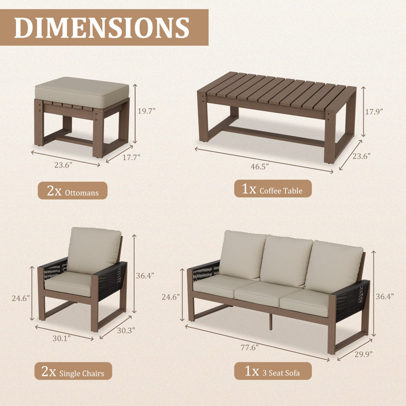 Ensemble de conversation en bois massif 6 pièces avec canapé, table basse et repose-pieds, Beige