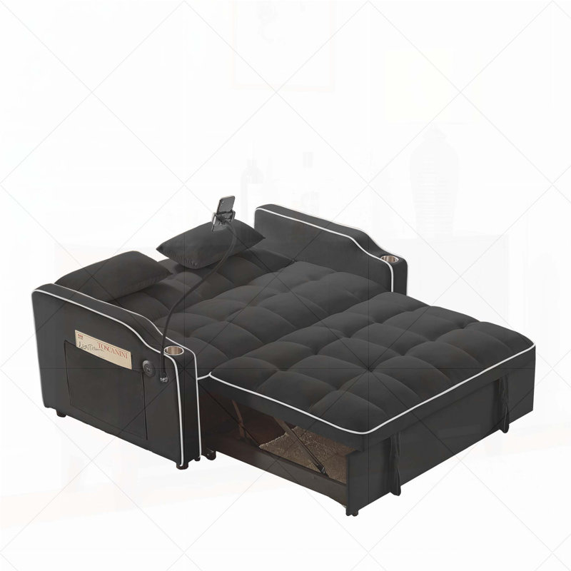 Pull-out Sofa Bed, Adjustable Back and with USB port, Black Velvet