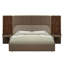 Très grand lit, cuir de microfibre brun et beige et grain de bois brillant