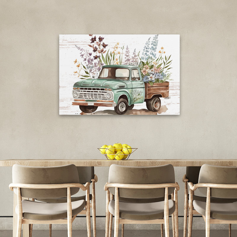 Art rétro, camion de fleurs rétro II, H 24 po x l 36 po