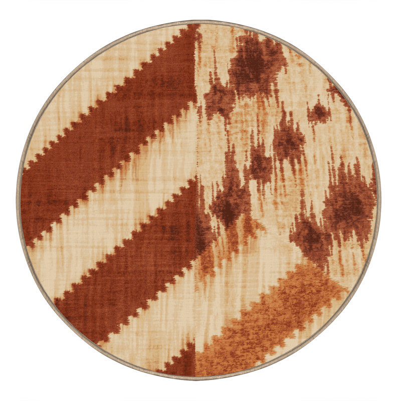 Machine Washable Carlstadt Global Inspired Ikat Rug in Brown – Beige Binding, 7' Round
