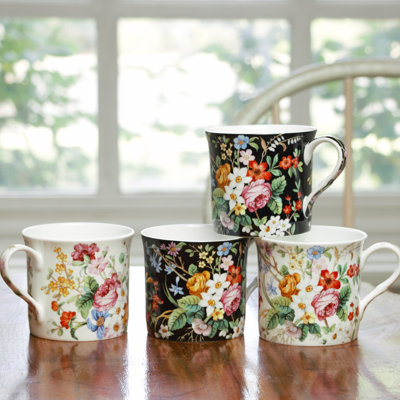 Grace Tea Ware Bone China Poppy Field Coffee Mugs, Set of 4