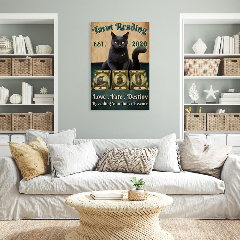 Tarot chat noir lisant, H 36 po x l 24 po x P 1,25 po