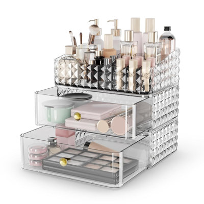 Makeup Organizer With 2 Drawers And 1 Tray, Stackable Cosmetic Storage For Vanity, Brush Holder, Lipstick & Jewelry Display, Durable, Elegant Diamond Pattern Design