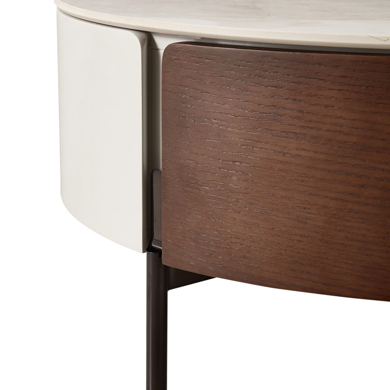 Table basse moderne ronde blanche et en bois véritable avec tiroirs et pieds métalliques