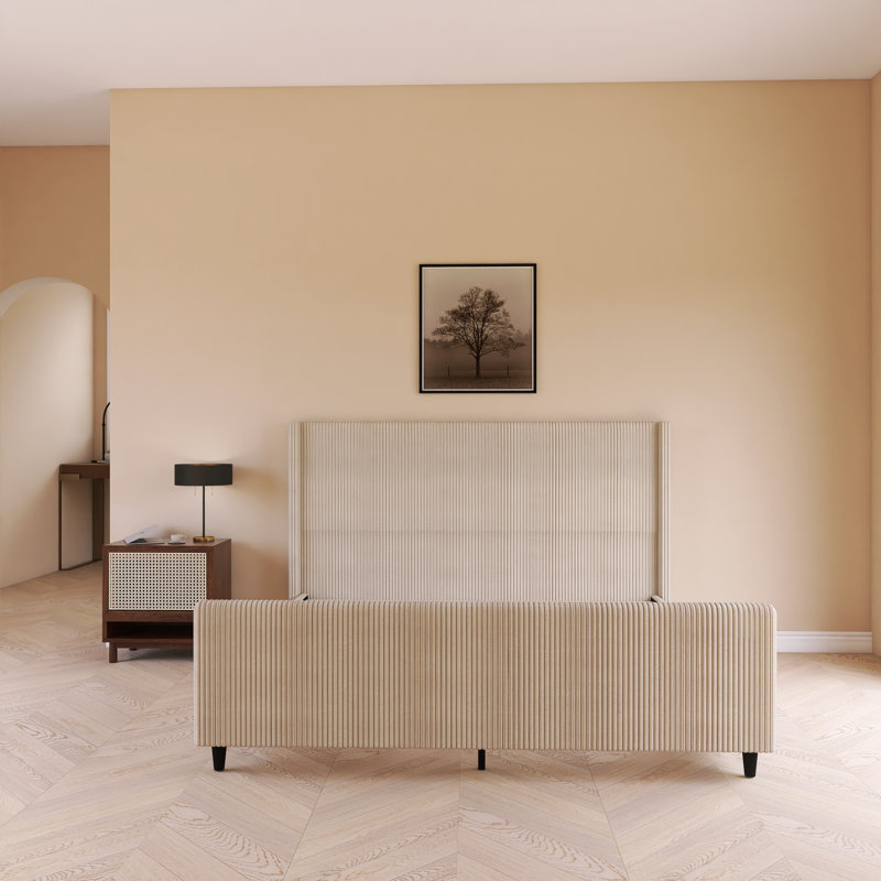 Lit tapissier haut en velours côtelé, Crème, crème, Très grand