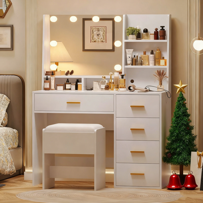 Bureau de coiffeuse maquillage avec miroir et tabouret blanc, Blanc