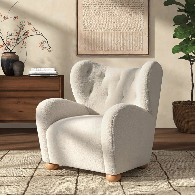 Levin Wingback Accent Chair, Beige Faux Shearling