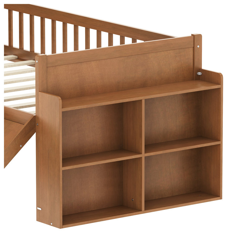 Structure de lit simple avec glissade et tablette de rangement - Lit mezzanine en bois pour enfants avec échelle et garde-corps, lit plateforme en noyer clair pour garçons et filles