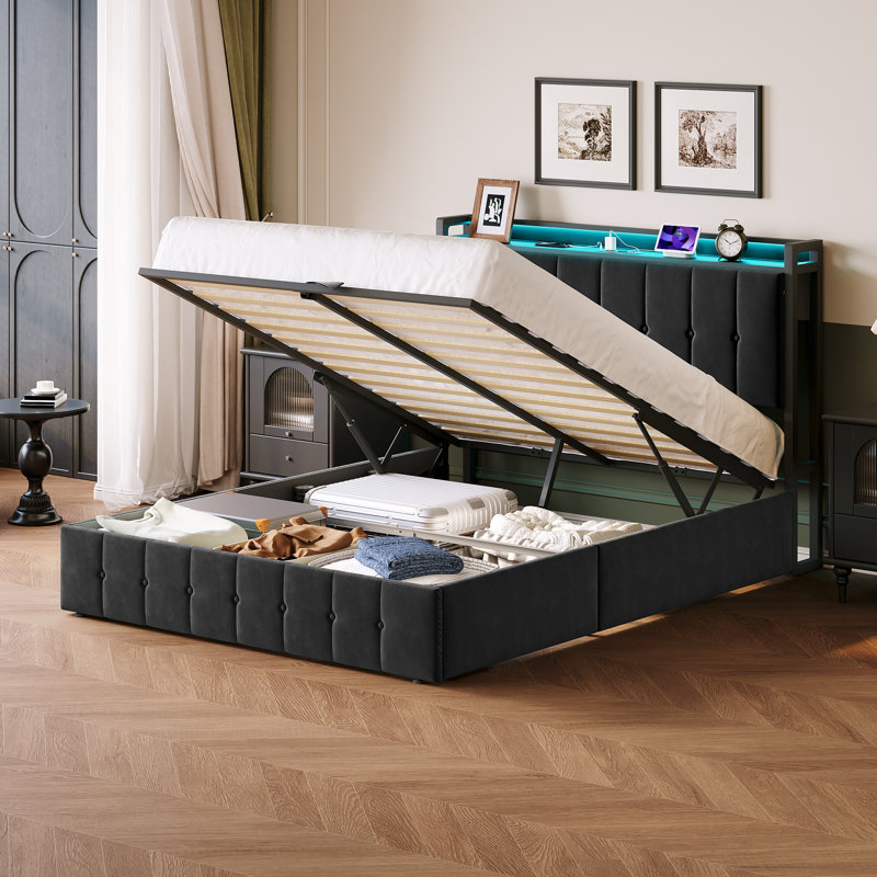 Queen Bed Frame with Lift Up Storage, Upholstered Velvet Bed with LED Lights & Power Outlets, Hydraulic Support, No Box Spring Needed, Black