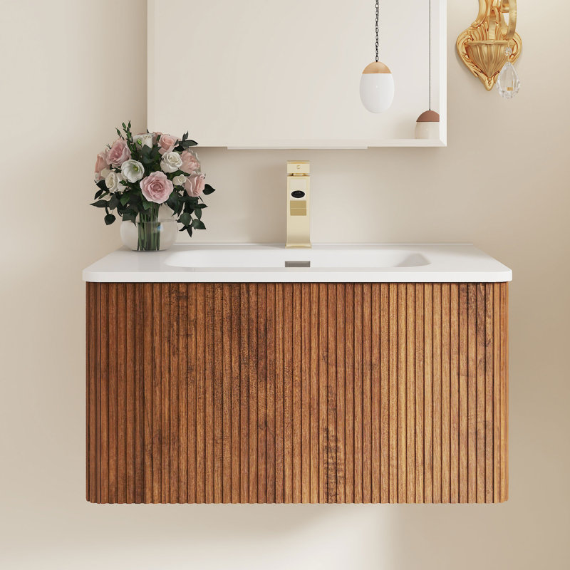 30 Inches Wall-Mounted Bathroom Vanity Set With Ceramic Basin, Walnut