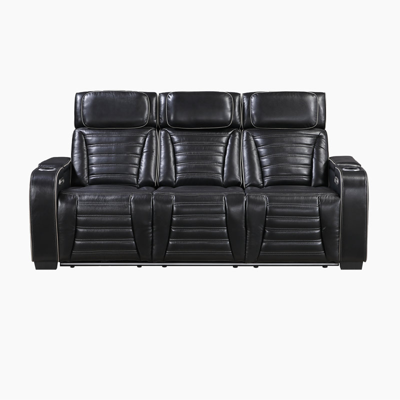 Canapé inclinable électrique en cuir fleur double moderne et contemporain de 84 po Eshan, Leather Black