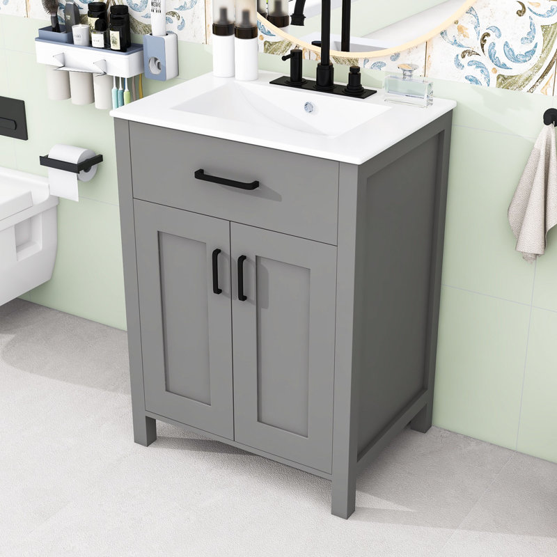 Ensemble de meuble-lavabo 24 po avec lavabo en céramique, tiroir et portes à fermeture douce, Gris