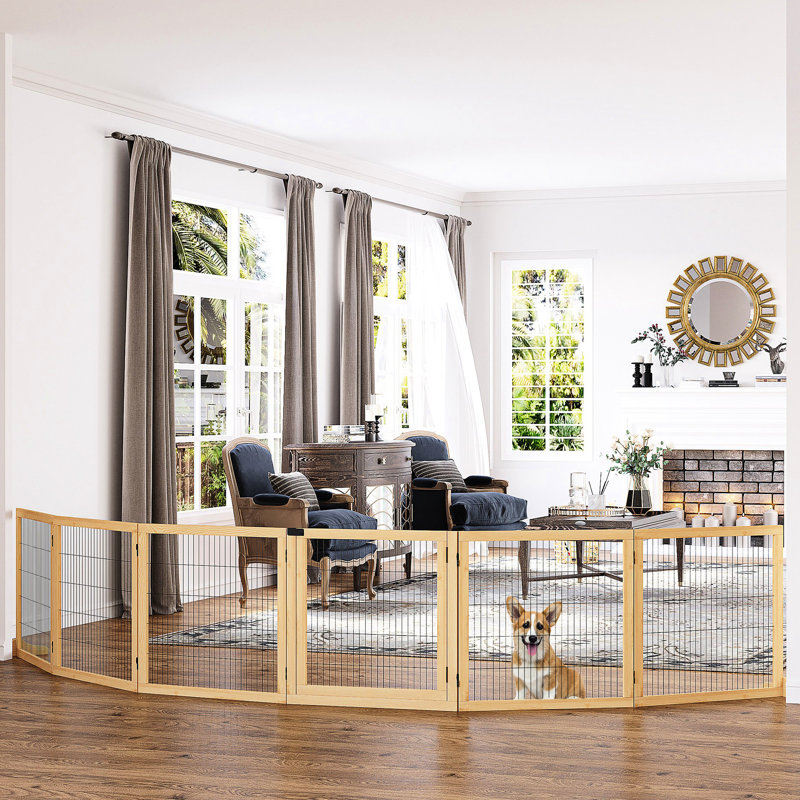 Barrière en bois pour chien, 170 po. Barrière pour animaux pliable pour petits et moyens chiens. 6 avec pieds de support. Bois naturel. Porte de maison fonctionnelle et fiable, escalier robuste et pratique