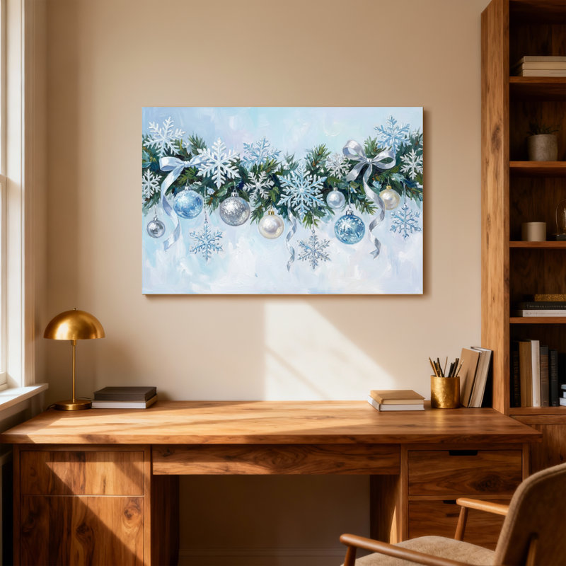 Décoration de Noël flocon de neige, branches de pin, ruban bleu d'hiver, H 20 po x l 30 po